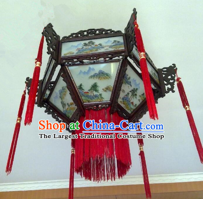 Chinese Handmade Rosewood Lantern Traditional Ceiling Lamp Landscape Painting Ceiling Lantern