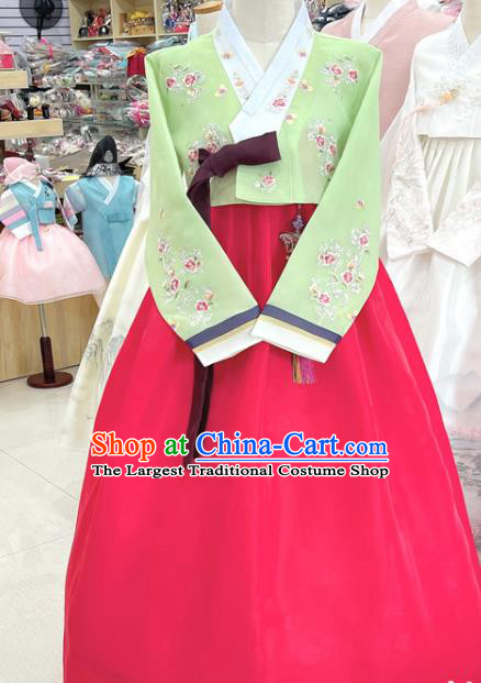 Top Handmade Hanbok Korean Bride Garment Costumes Embroidered Green Blouse and Red Dress Complete Set
