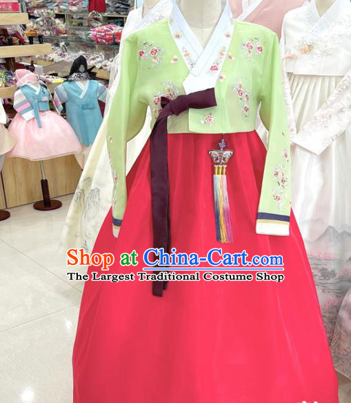 Top Handmade Hanbok Korean Bride Garment Costumes Embroidered Green Blouse and Red Dress Complete Set