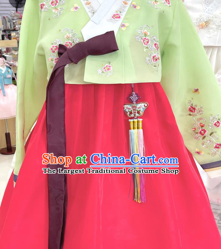 Top Handmade Hanbok Korean Bride Garment Costumes Embroidered Green Blouse and Red Dress Complete Set