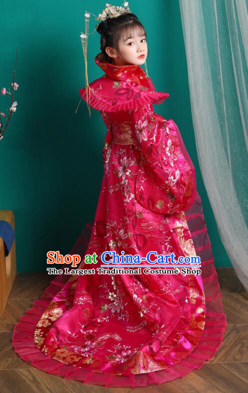 Chinese Children Clothing Ancient Princess Magenta Trailing Dress Tang Dynasty Imperial Empress Garment Costume