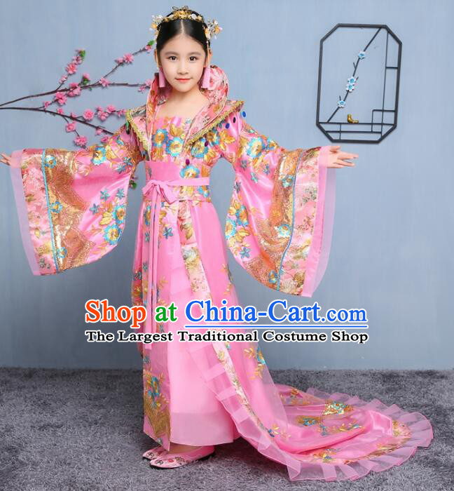 Chinese Fairy Pink Dress Tang Dynasty Empress Garment Costume Ancient Princess Children Clothing