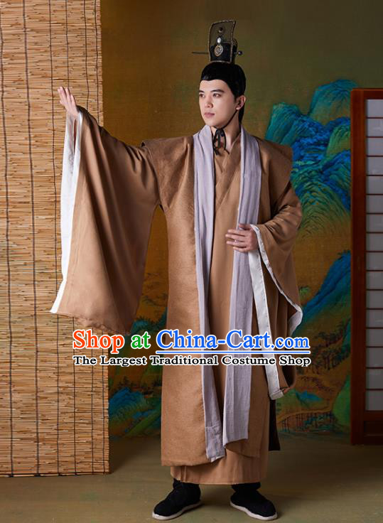 Chinese Qin Dynasty Confucian Fu Sheng Clothing Ancient Scholar Brown Garment Costumes