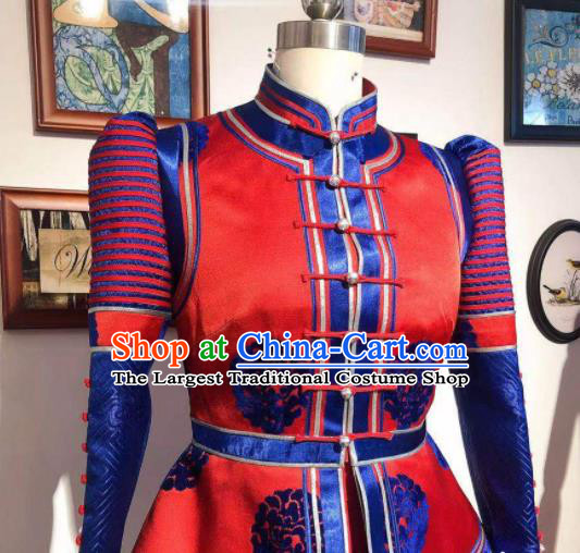Handmade Wedding Costume Traditional Red Mongolian Robe Chinese Mongol Nationality Bride Dress