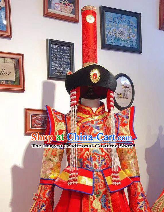 Chinese Mongol Nationality Wedding Dress Mongolian Folk Dance Costume Traditional Festival Red Robe Ethnic Women Clothing