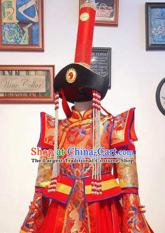 Chinese Mongol Nationality Wedding Dress Mongolian Folk Dance Costume Traditional Festival Red Robe Ethnic Women Clothing