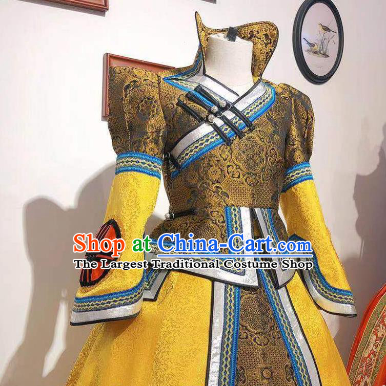 Chinese Ethnic Women Clothing Mongol Nationality Wedding Dress Mongolian Folk Dance Costume Traditional Festival Yellow Robe