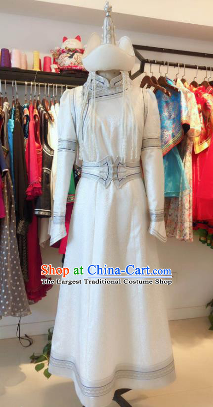 Chinese Mongolian Bride Clothing Ethnic Folk Dance White Dress Mongol Nationality Wedding Garment Costume