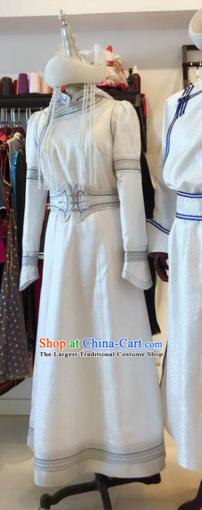 Chinese Mongolian Bride Clothing Ethnic Folk Dance White Dress Mongol Nationality Wedding Garment Costume