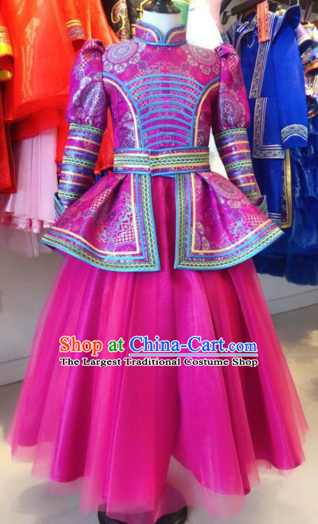 Chinese Mongol Nationality Folk Dance Garment Costume Mongolian Festival Clothing Ethnic Girl Megenta Dress