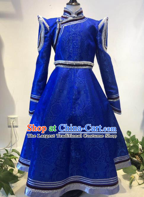 Chinese Ethnic Girl Royal Blue Dress Mongol Nationality Garment Costume Mongolian Festival Folk Dance Clothing