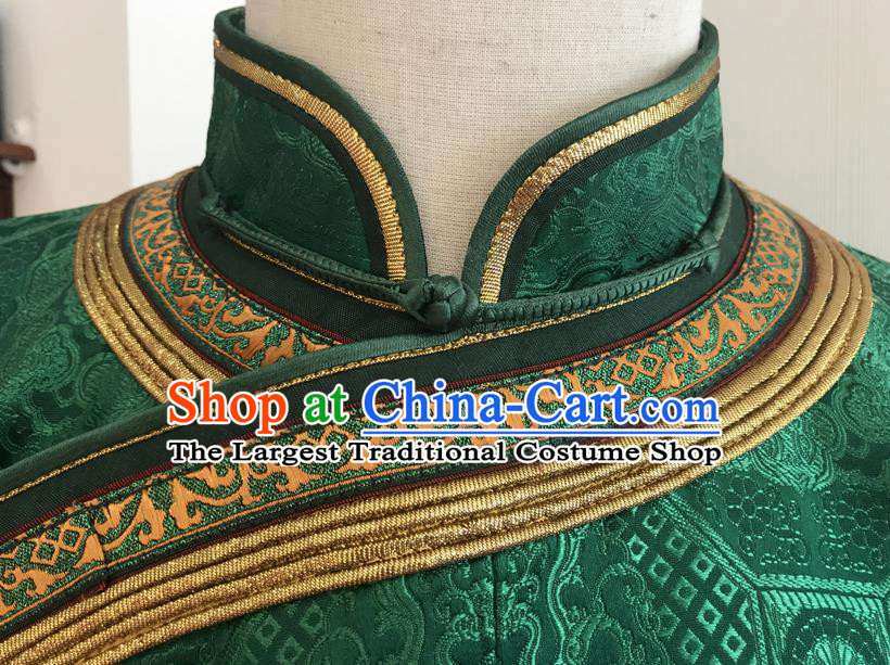Chinese Mongol Nationality Wedding Garment Mongolian Festival Performance Clothing Ethnic Groom Green Robe Costume