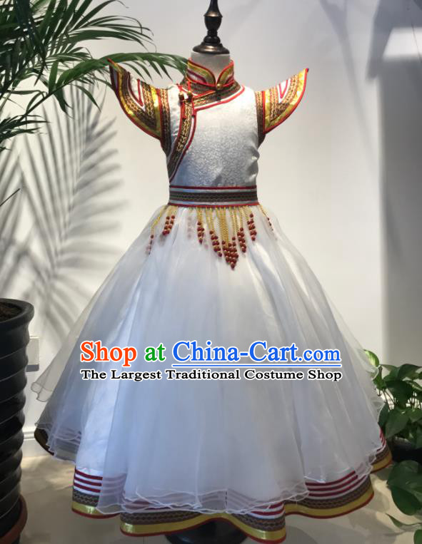 Chinese Ethnic Folk Dance Costume Mongol Nationality Girl White Dress Garment Mongolian Festival Performance Clothing