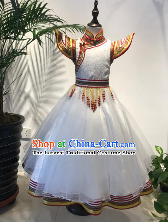Chinese Ethnic Folk Dance Costume Mongol Nationality Girl White Dress Garment Mongolian Festival Performance Clothing