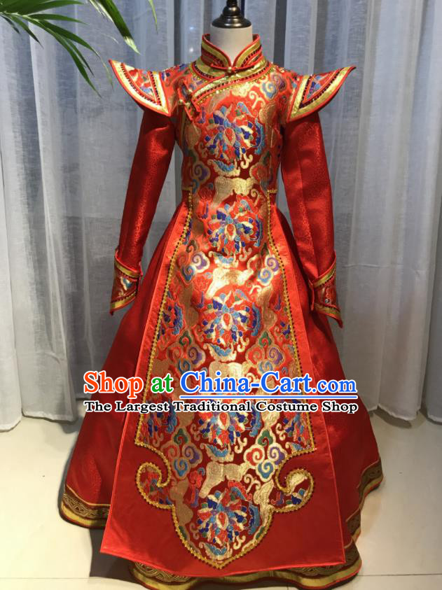 Chinese Mongol Nationality Women Red Dress Garment Mongolian Festival Performance Clothing Ethnic Wedding Costume and Hat