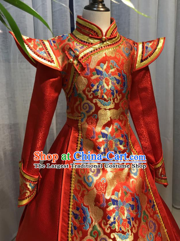 Chinese Mongol Nationality Women Red Dress Garment Mongolian Festival Performance Clothing Ethnic Wedding Costume and Hat