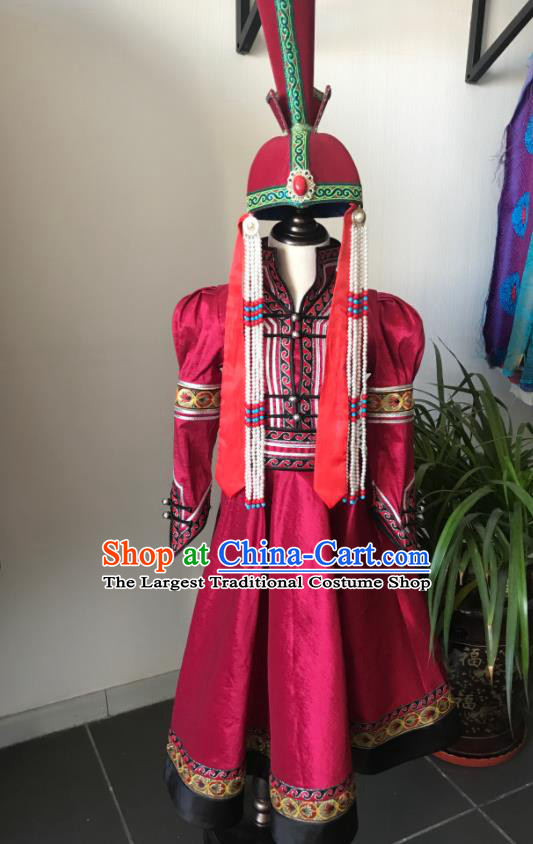 Chinese Mongolian Folk Dance Magenta Dress Ethnic Stage Performance Clothing Mongol Nationality Girl Garment Costume and Headwear