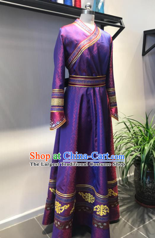 Chinese Mongolian Bride Purple Dress Ethnic Festival Clothing Mongol Nationality Wedding Garment Costumes and Hat