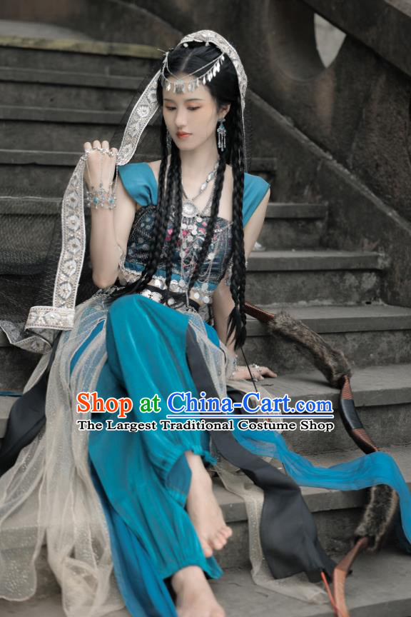 Chinese Traditional Dance Blue Outfit Ancient Ethnic Princess Clothing Tang Dynasty Northern Tribe Beauty Garment Costumes