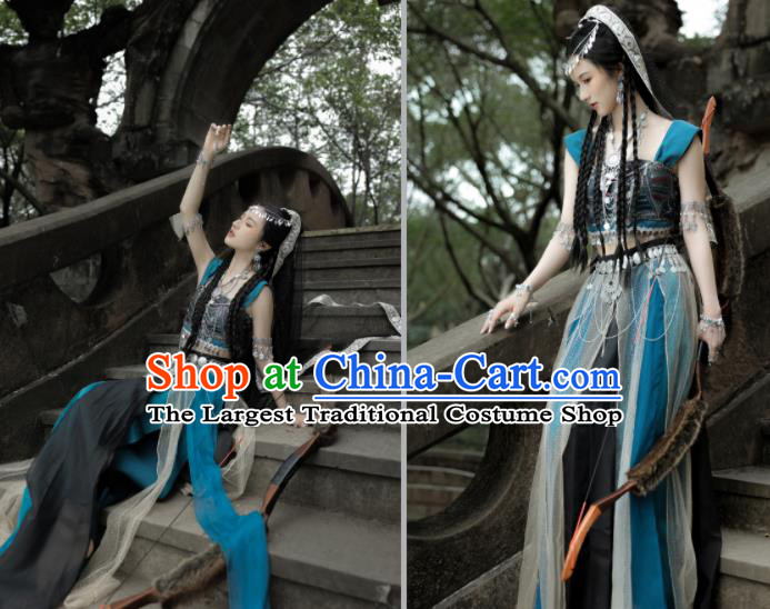 Chinese Traditional Dance Blue Outfit Ancient Ethnic Princess Clothing Tang Dynasty Northern Tribe Beauty Garment Costumes