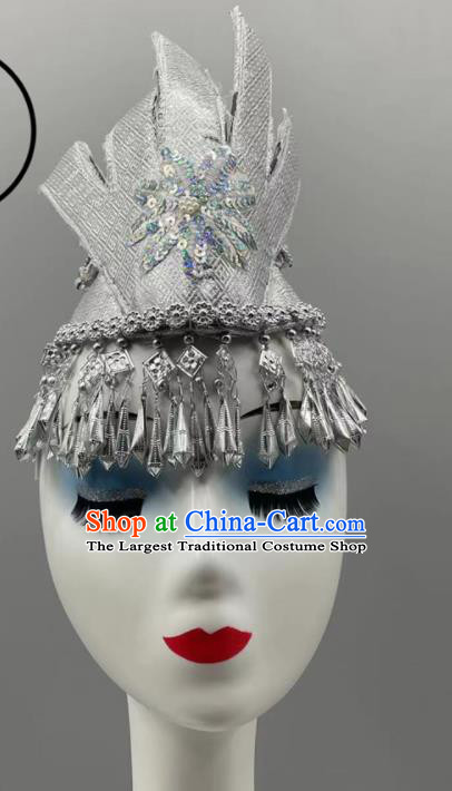 Chinese Miao Ethnic Women Headwear Miao Nationality Dance Argent Headdress Ethnic Stage Performance Hair Jewelry