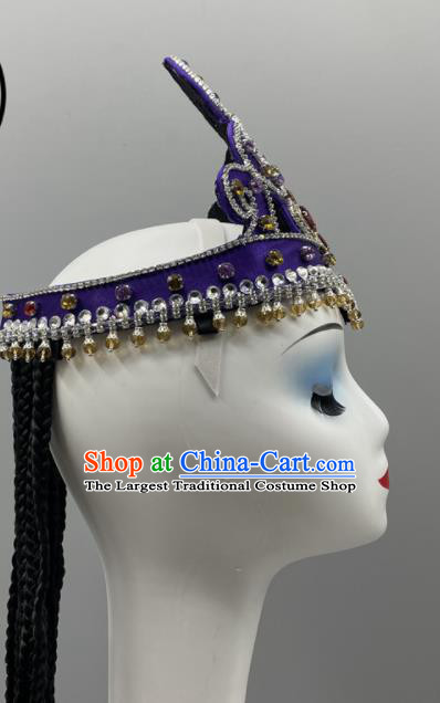Chinese Uyghurs Minority Women Braids Headwear Uyghur Nationality Dance Headpiece Ethnic Stage Performance Purple Hat
