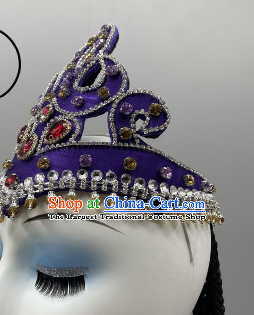 Chinese Uyghurs Minority Women Braids Headwear Uyghur Nationality Dance Headpiece Ethnic Stage Performance Purple Hat