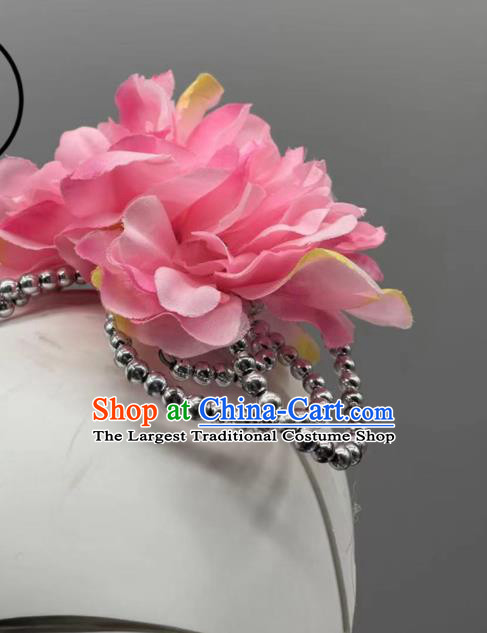 China Woman Solo Dance Headpiece Stage Performance Headwear Classical Dance Pink Flower Hair Jewelry