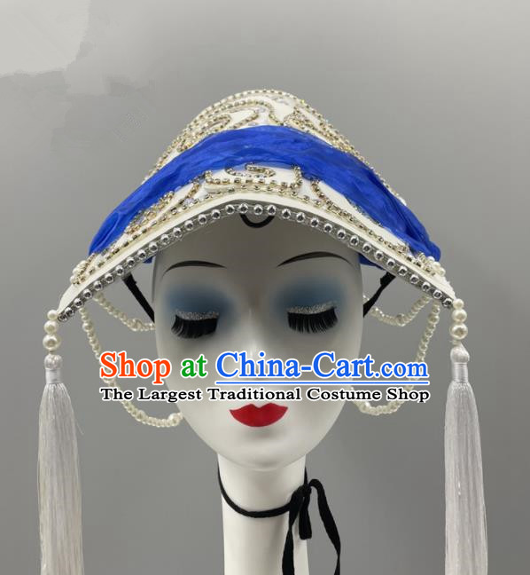 Chinese Ethnic Stage Performance White Tassel Hat Qiang Minority Women Braids Headwear Wa Nationality Dance Headpiece