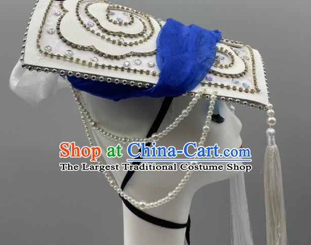 Chinese Ethnic Stage Performance White Tassel Hat Qiang Minority Women Braids Headwear Wa Nationality Dance Headpiece