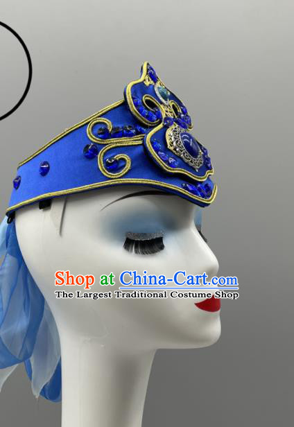 Chinese Mongol Nationality Dance Headpiece Ethnic Stage Performance Blue Hat Mongolian Minority Women Headwear