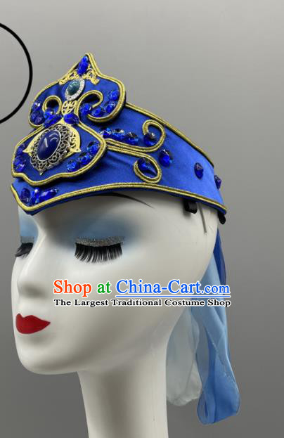 Chinese Mongol Nationality Dance Headpiece Ethnic Stage Performance Blue Hat Mongolian Minority Women Headwear