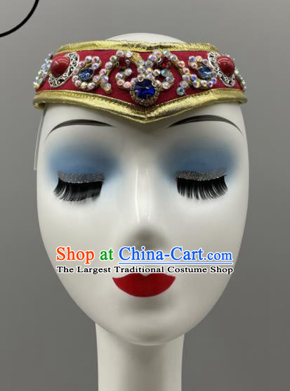 Chinese Ethnic Stage Performance Red Hair Jewelry Mongolian Minority Women Dance Headwear Mongol Nationality Headpiece