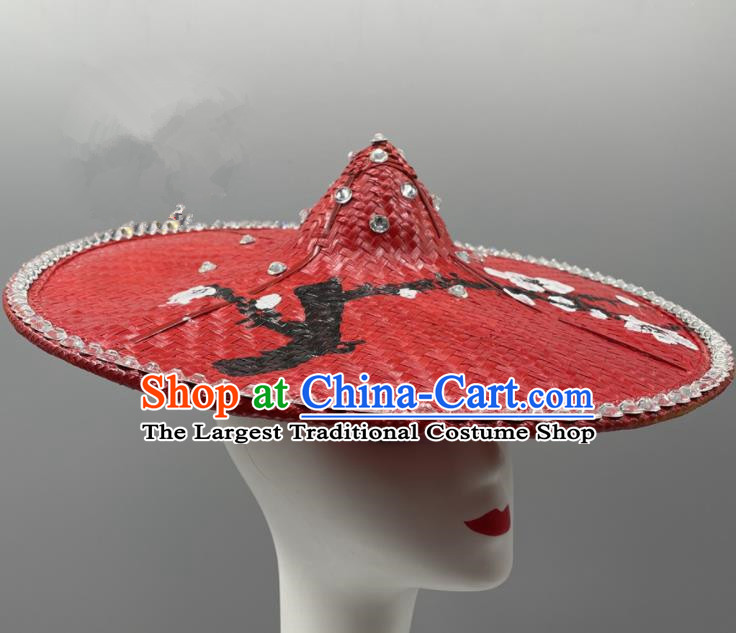 Chinese Ethnic Stage Performance Red Bamboo Hat Yunnan Minority Peacock Dance Headwear Dai Nationality Woman Headdress