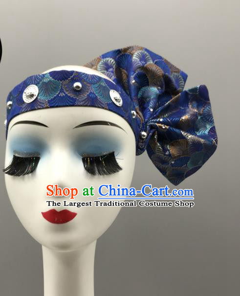 Chinese Dai Nationality Man Headdress Ethnic Stage Performance Blue Headband Wa Minority Dance Headwear