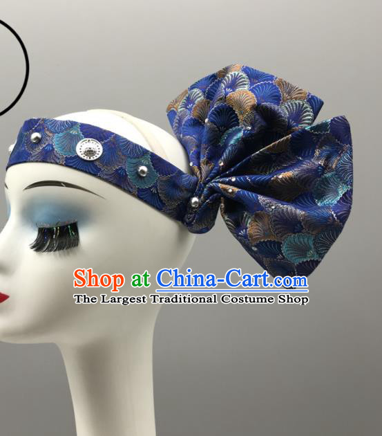 Chinese Dai Nationality Man Headdress Ethnic Stage Performance Blue Headband Wa Minority Dance Headwear