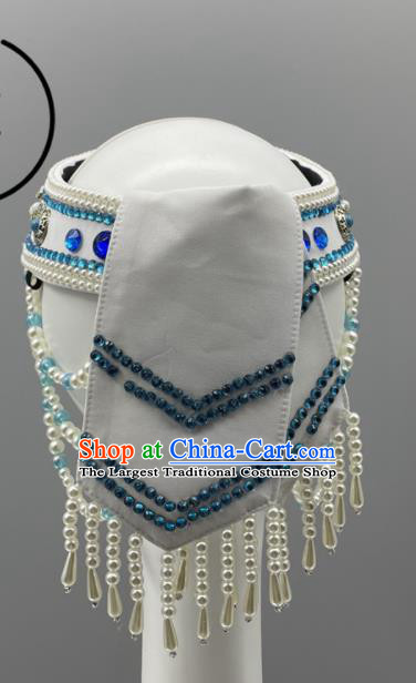Chinese Mongol Nationality Woman Headdress Ethnic Stage Performance White Beads Hat Mongolian Minority Dance Headwear