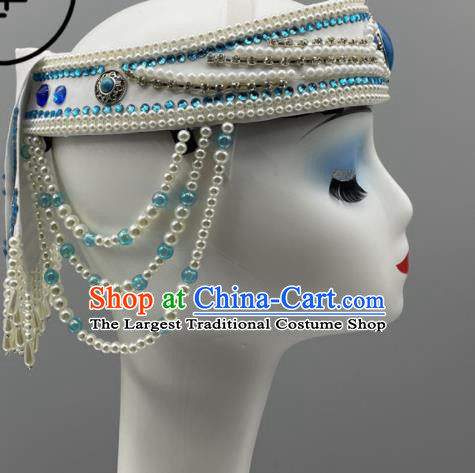 Chinese Mongol Nationality Woman Headdress Ethnic Stage Performance White Beads Hat Mongolian Minority Dance Headwear
