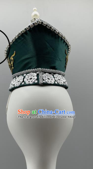 Chinese Mongol Nationality Woman Headdress Ethnic Stage Performance Deep Green Hat Mongolian Minority Dance Headwear