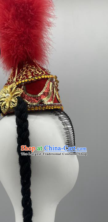Chinese Xinjiang Minority Dance Red Feather Hat Uyghur Nationality Woman Headdress Ethnic Stage Performance Braids Headpiece
