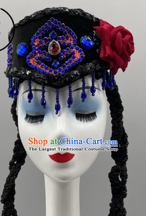 Chinese Uyghur Nationality Woman Headdress Ethnic Stage Performance Braids Headpiece Xinjiang Minority Dance Black Hat