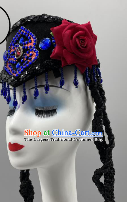 Chinese Uyghur Nationality Woman Headdress Ethnic Stage Performance Braids Headpiece Xinjiang Minority Dance Black Hat