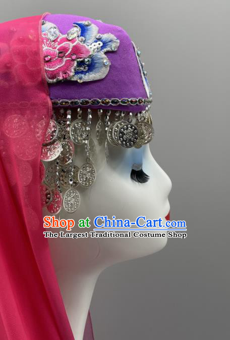 Chinese Xinjiang Minority Dance Purple Hat Uyghur Nationality Woman Headdress Ethnic Stage Performance Veil Headpiece