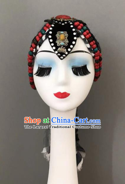 Chinese Ethnic Stage Performance Braids Headpiece Tibetan Minority Dance Hair Jewelry Zang Nationality Woman Headdress