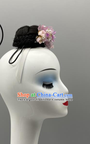 China Classical Dance Wig and Hair Jewelries Yangko Dance Purple Flowers Headpieces Women Group Stage Performance Headwear