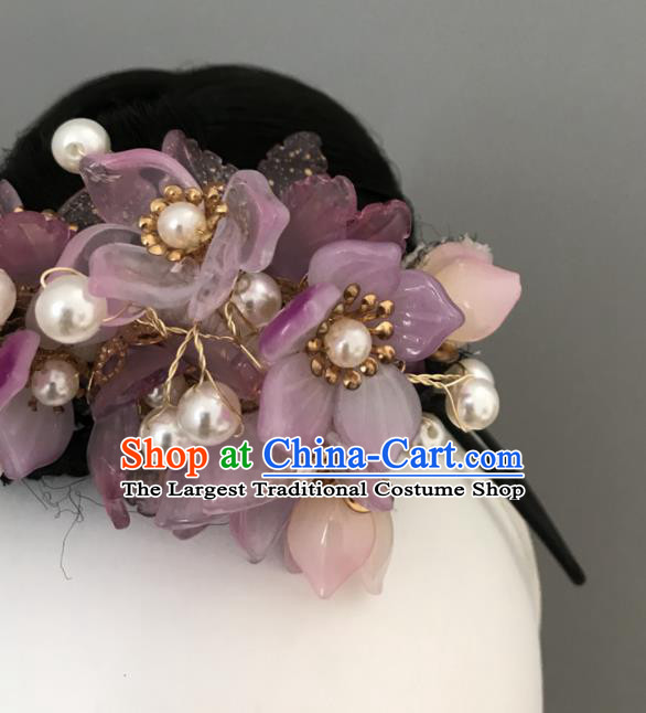 China Classical Dance Wig and Hair Jewelries Yangko Dance Purple Flowers Headpieces Women Group Stage Performance Headwear