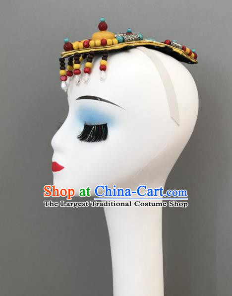 Chinese Zang Nationality Woman Headdress Ethnic Stage Performance Beads Headpiece Tibetan Minority Dance Hair Jewelry