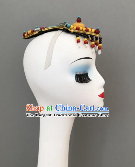 Chinese Zang Nationality Woman Headdress Ethnic Stage Performance Beads Headpiece Tibetan Minority Dance Hair Jewelry