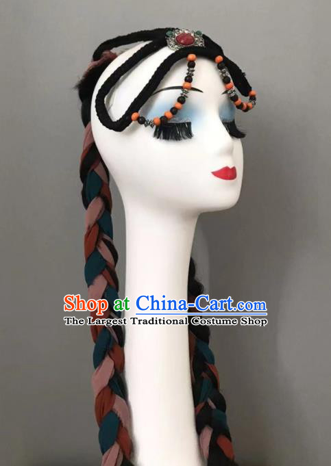 Chinese Tibetan Minority Dance Hair Jewelry Zang Nationality Woman Headdress Ethnic Stage Performance Braids Headpiece