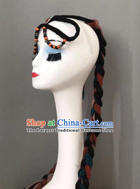 Chinese Tibetan Minority Dance Hair Jewelry Zang Nationality Woman Headdress Ethnic Stage Performance Braids Headpiece